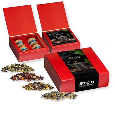 Verschiedene Teesorten, , ca. 60-140g, Geschenk-Set Premium mit 4 Biologisch abbaubaren Eco Pappdose